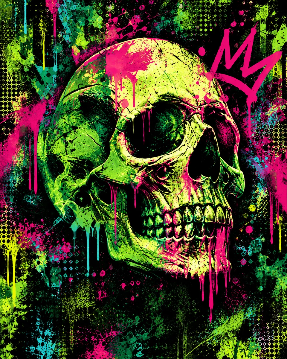 Green skull artwork layered with paint drips, splatters and distressed print textures.